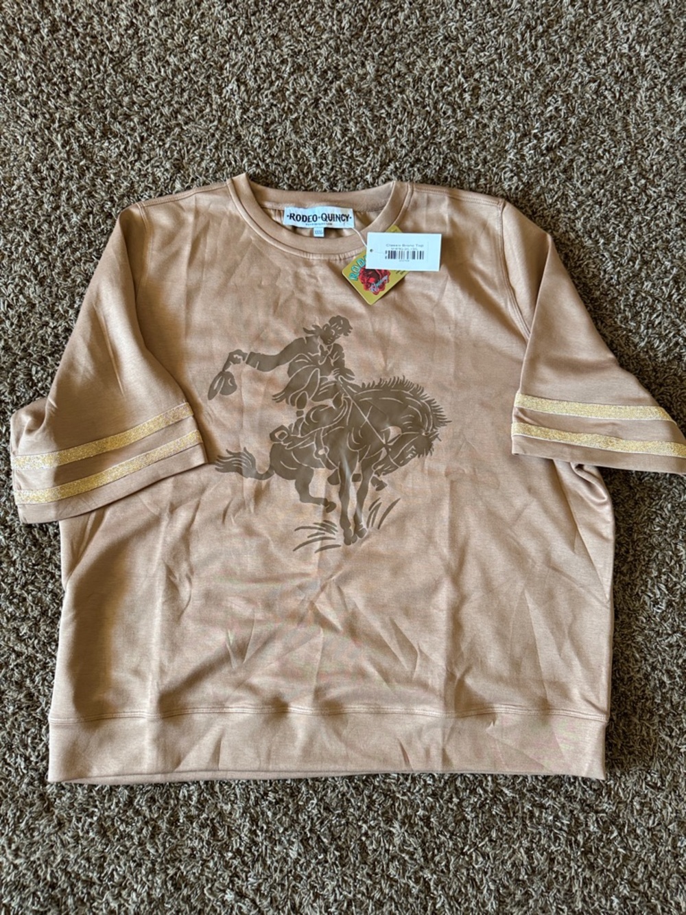 Rodeo Quincy Girls' Tan Short Sleeve Sweatshirt with Metallic Stripe